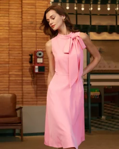 Pink Turtleneck Bowknot Satin Midi Dress
