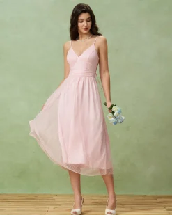 Pink V Neck Backless Slip Midi Dress