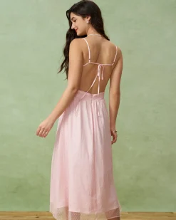 Pink V Neck Backless Slip Midi Dress