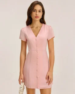 Pink V Neck Button Mini Dress