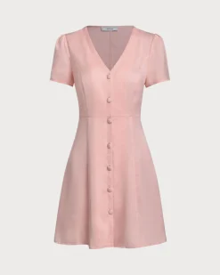 Pink V Neck Button Mini Dress