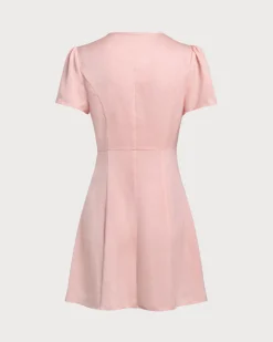 Pink V Neck Button Mini Dress