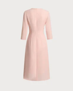 Pink V-Neck Pleated Midi Dress