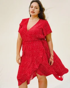 Plus Size Red V Neck Polka Dot Midi Dress