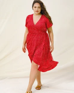 Plus Size Red V Neck Polka Dot Midi Dress