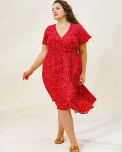 Plus Size Red V Neck Polka Dot Midi Dress