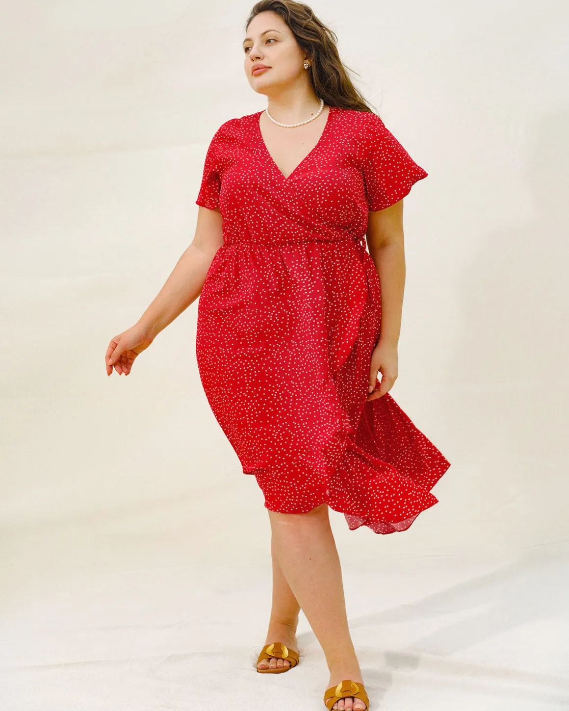 Plus Size Red V Neck Polka Dot Midi Dress