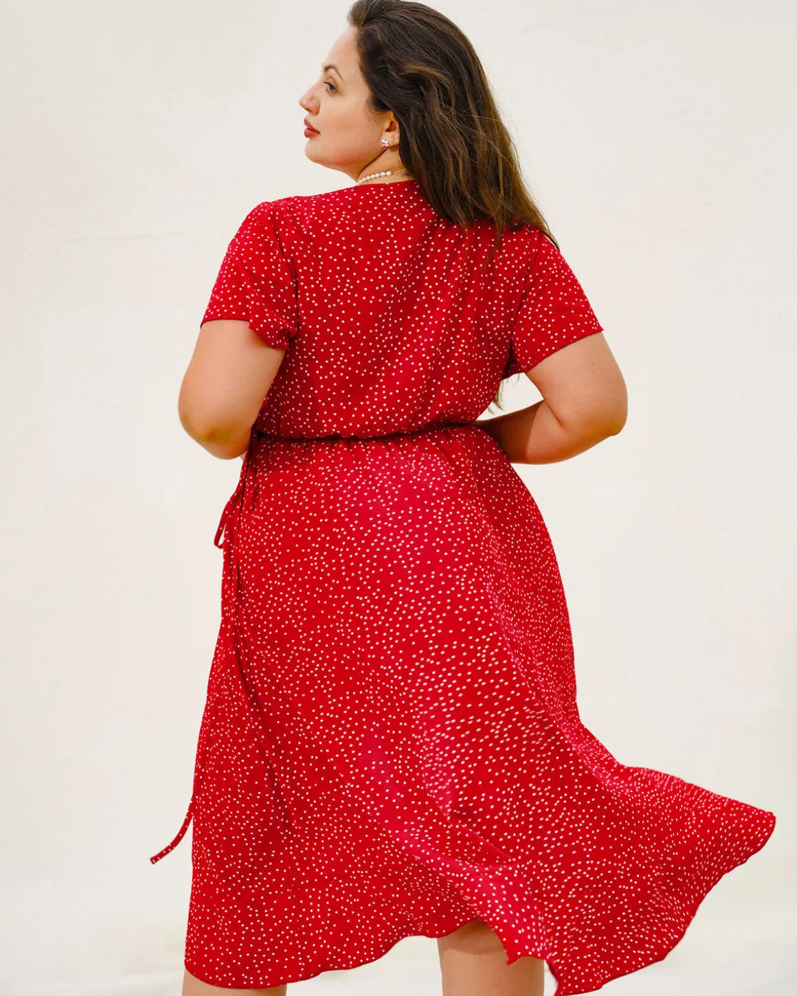 Plus Size Red V Neck Polka Dot Midi Dress