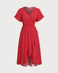 Plus Size Red V Neck Polka Dot Midi Dress