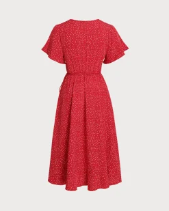 Plus Size Red V Neck Polka Dot Midi Dress