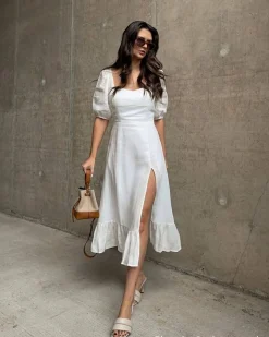 Puff Sleeve Split Hem Midi Dress