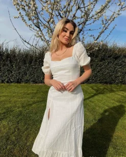 Puff Sleeve Split Hem Midi Dress
