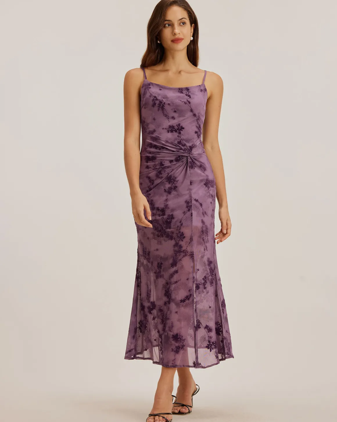 Purple Floral Bodycon Slip Midi Dress