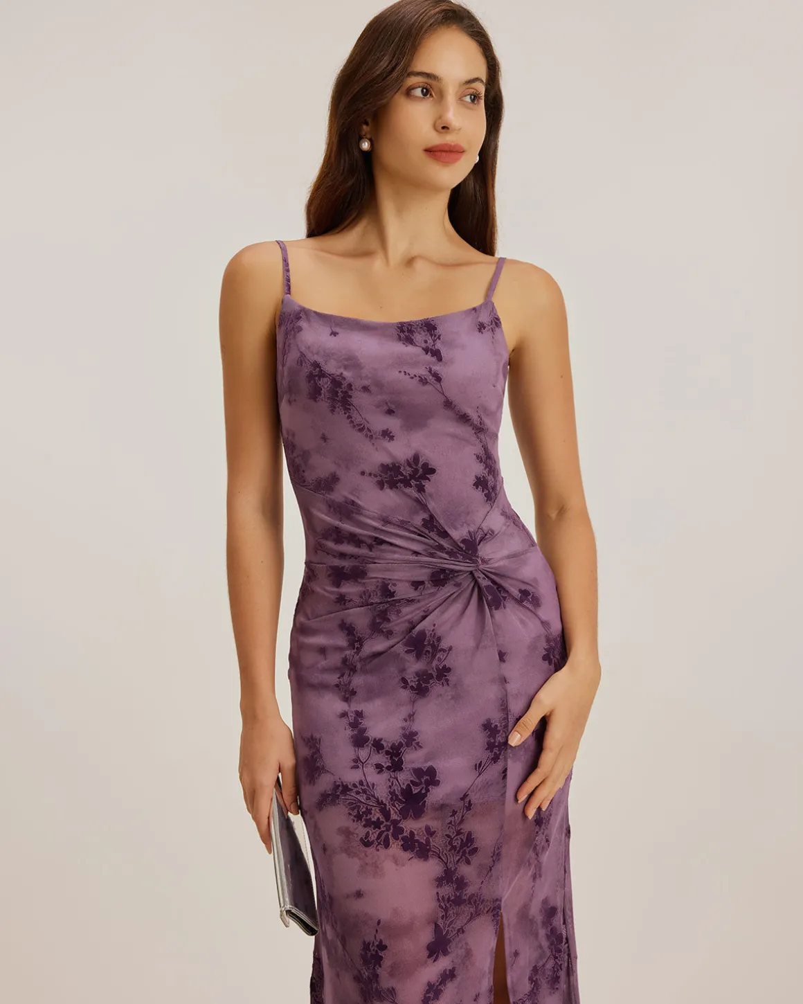 Purple Floral Bodycon Slip Midi Dress