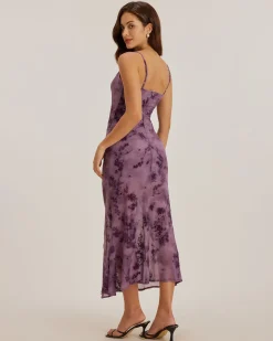 Purple Floral Bodycon Slip Midi Dress