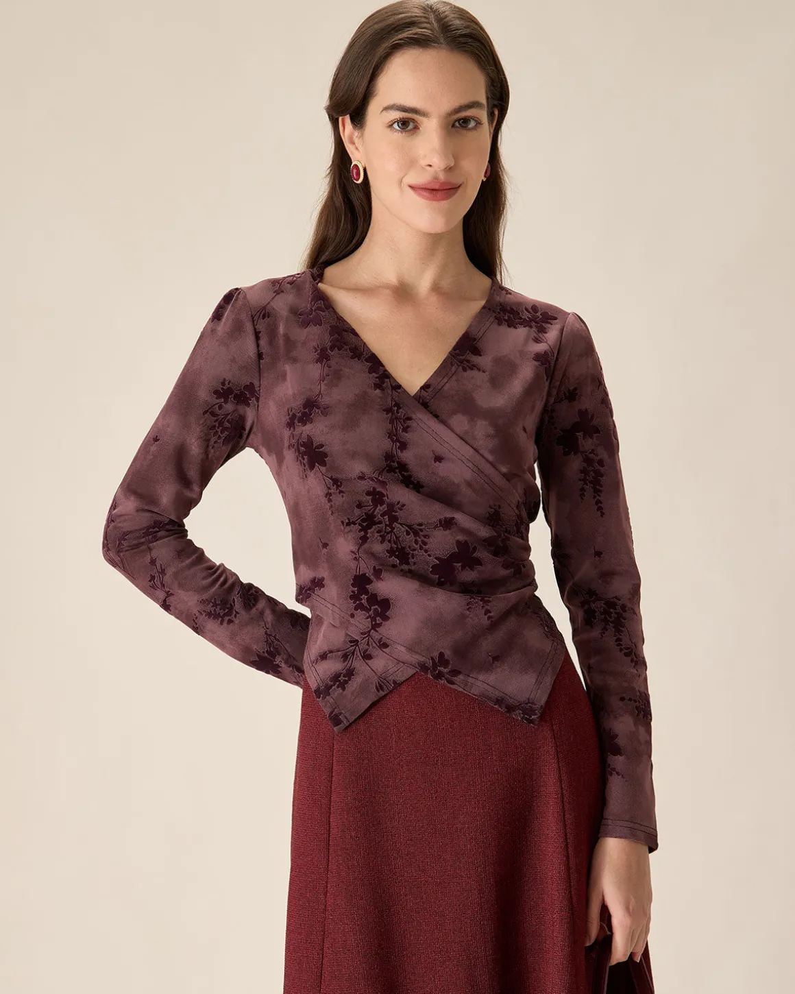 Purple Floral Ruched Wrap Tee