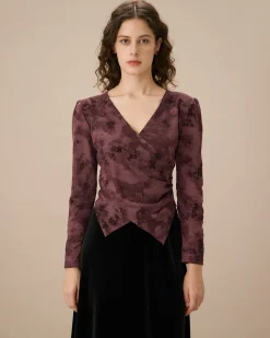 Purple Floral Ruched Wrap Tee