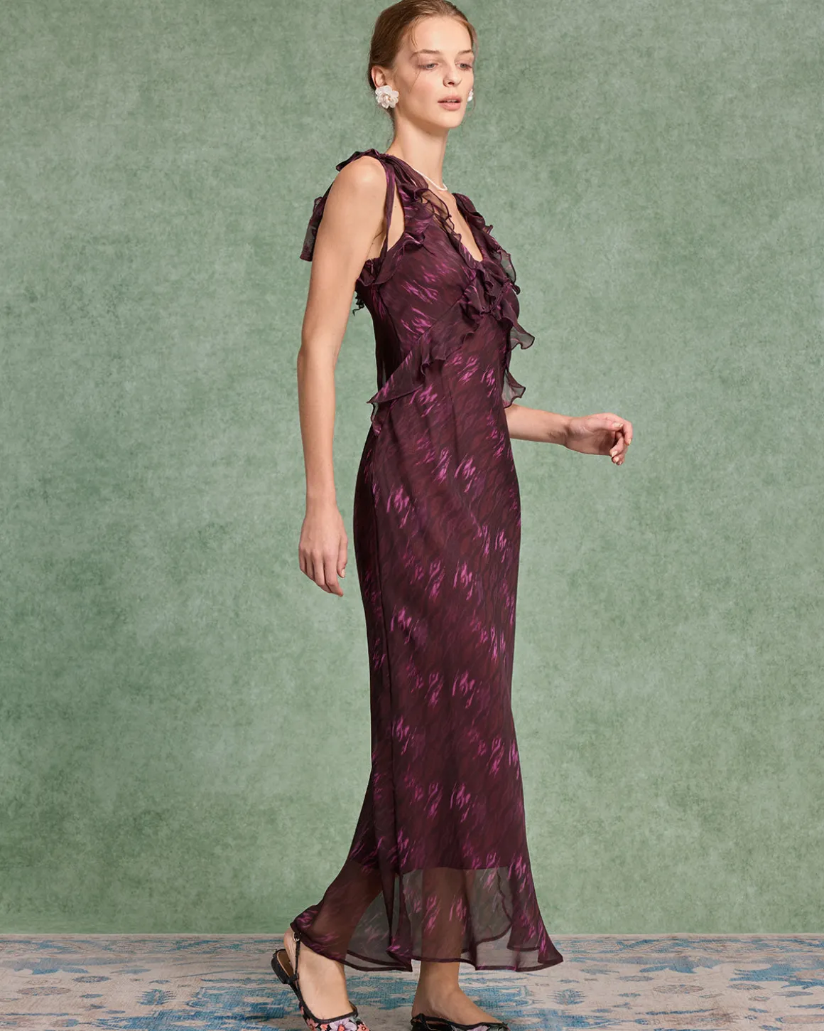 Purple Floral Ruffle Slip Maxi Dress