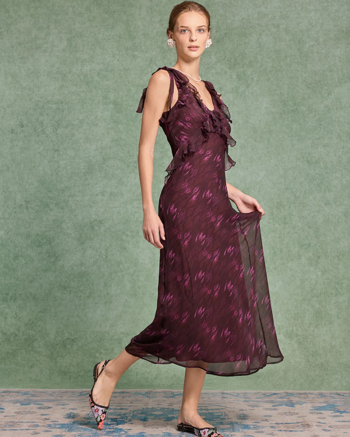 Purple Floral Ruffle Slip Maxi Dress