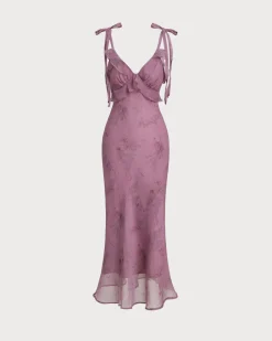 Purple Floral Ruffle Tie Strap Midi Dress
