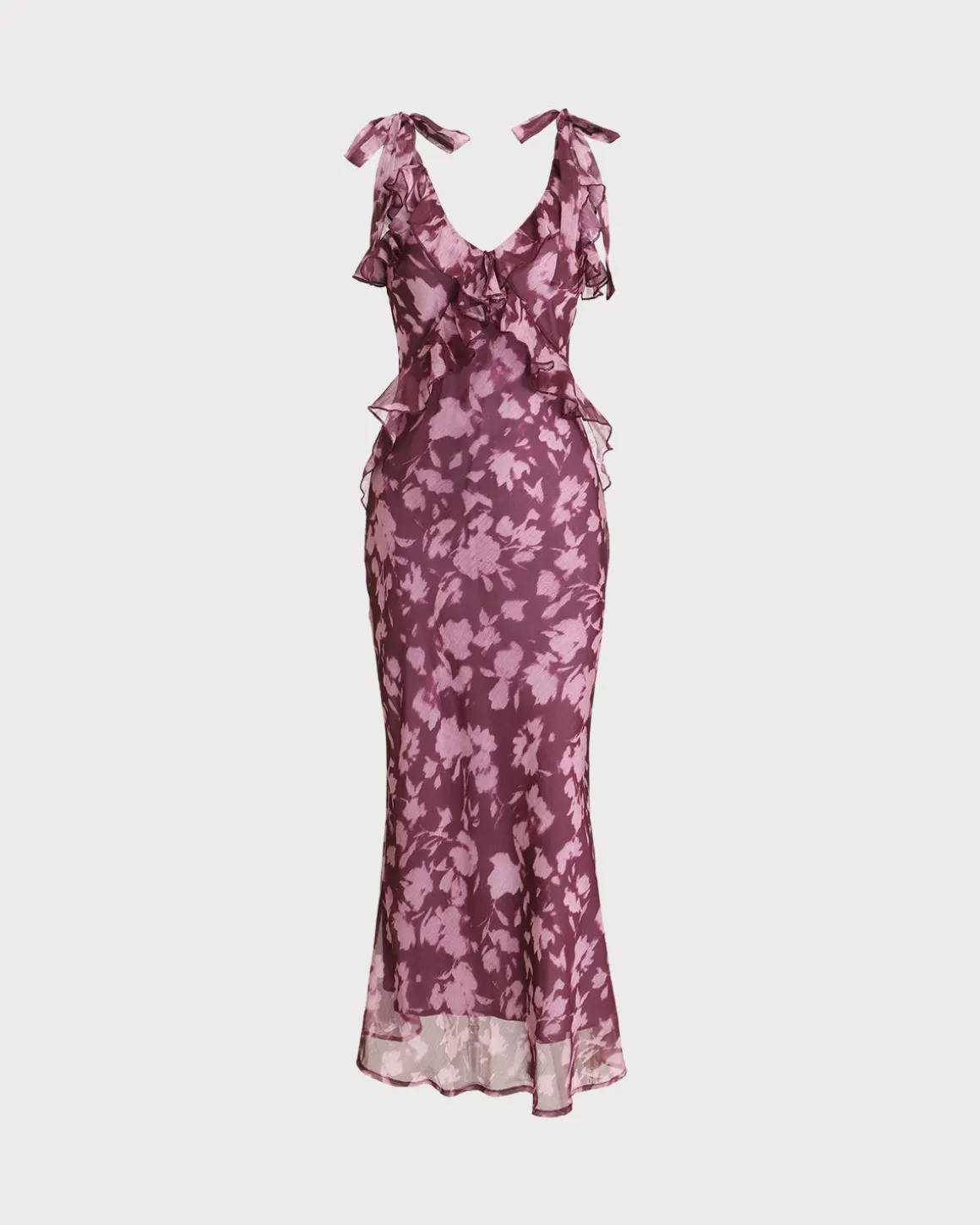 Purple Floral Ruffle Tie Strap Maxi Dress