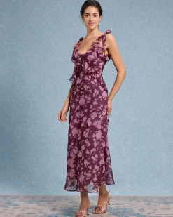 Purple Floral Ruffle Tie Strap Maxi Dress