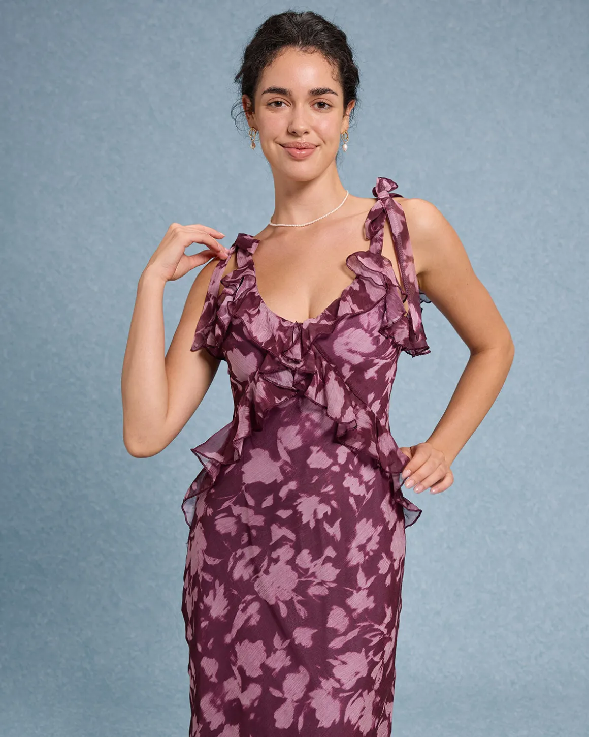Purple Floral Ruffle Tie Strap Maxi Dress