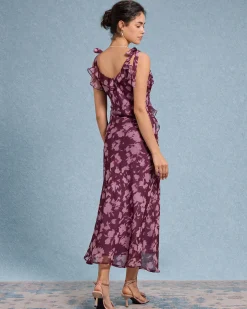 Purple Floral Ruffle Tie Strap Maxi Dress