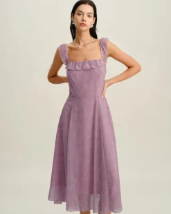 Purple Floral Square Neck Ruffle Slip Midi Dress
