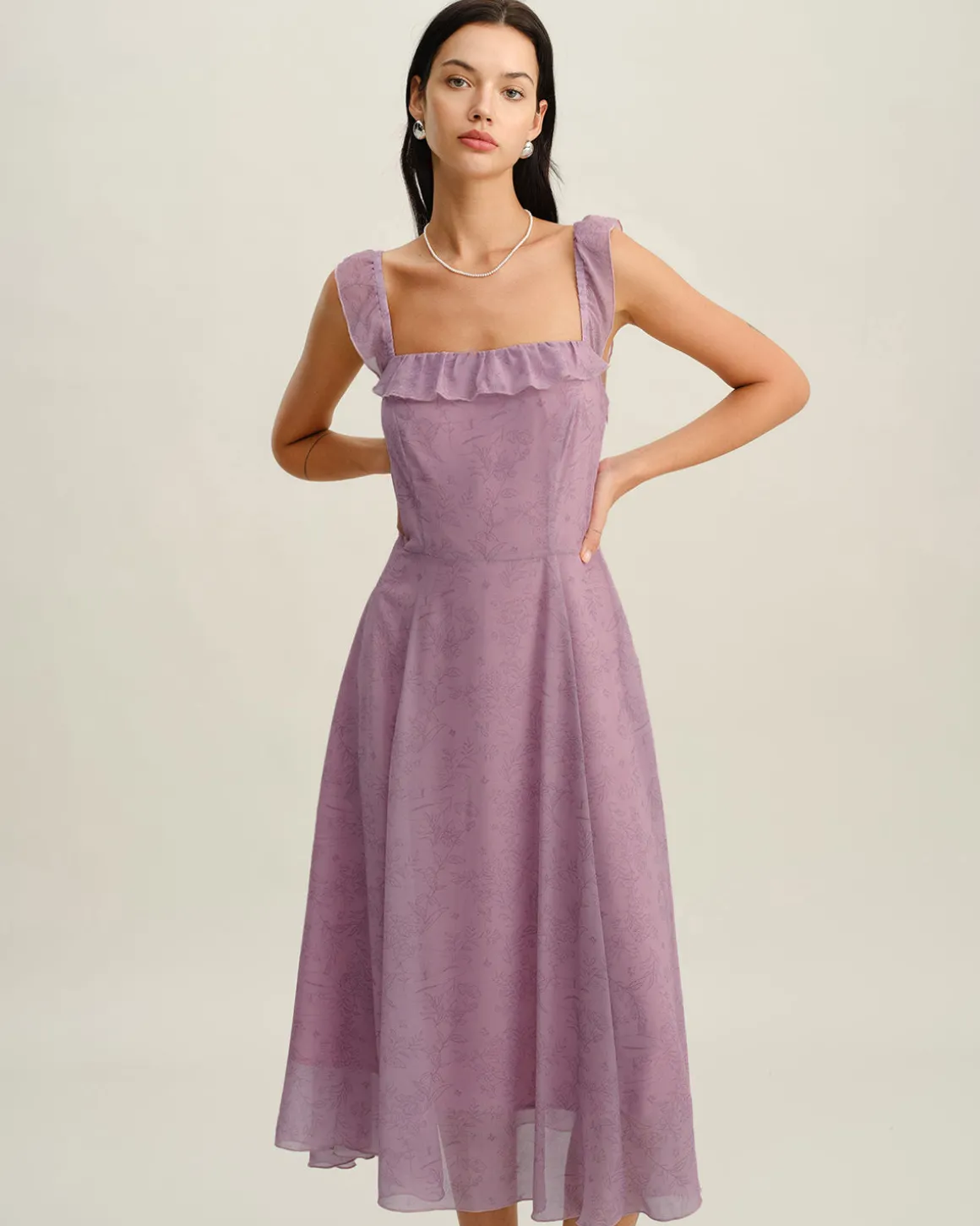 Purple Floral Square Neck Ruffle Slip Midi Dress