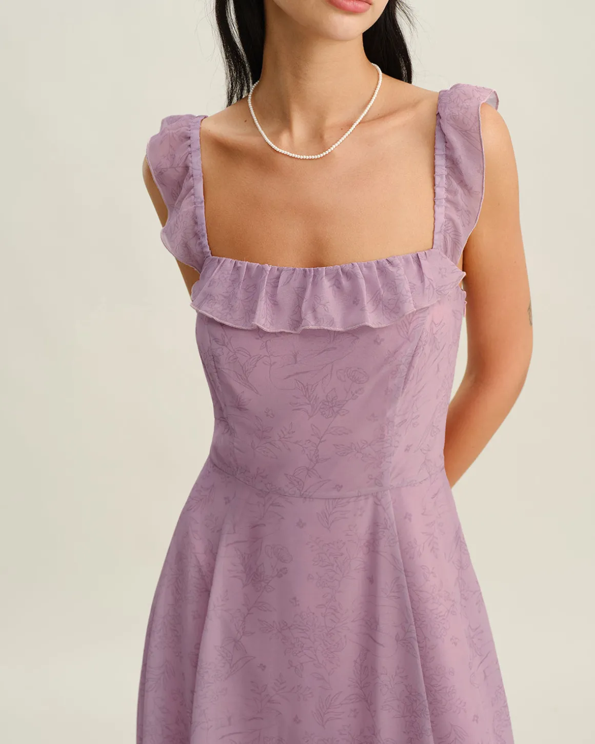 Purple Floral Square Neck Ruffle Slip Midi Dress
