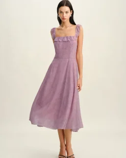 Purple Floral Square Neck Ruffle Slip Midi Dress