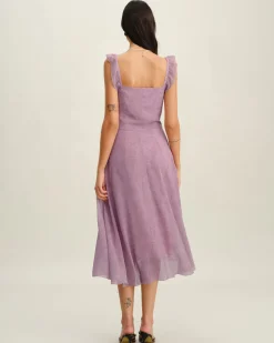 Purple Floral Square Neck Ruffle Slip Midi Dress