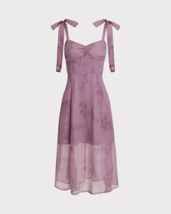 Purple Floral Tie Strap Midi Dress