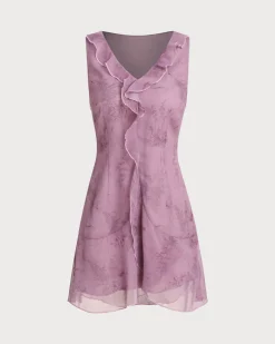 Purple Floral V Neck Ruffle Sleeveless Mini Dress