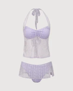 Purple Lace Halter Tankini Swimsuit