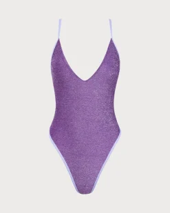 Purple Lurex Backless One-Piece Swimsuit