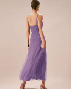 Purple Mesh Wrap Slip Maxi Dress