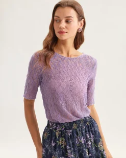 Purple Round Neck Textured Half Sleeve Tee