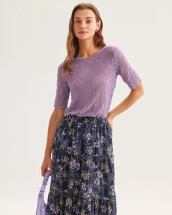 Purple Round Neck Textured Half Sleeve Tee