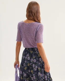 Purple Round Neck Textured Half Sleeve Tee
