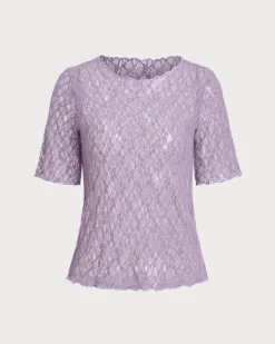 Purple Round Neck Textured Half Sleeve Tee