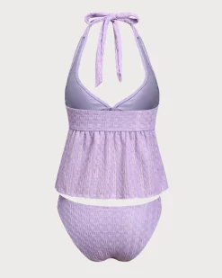Purple Ruched V-Neck Tankini Swimsuit