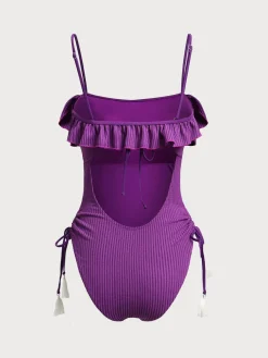 Purple Ruffled Cutout One-Piece Swimsuit