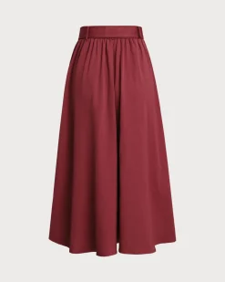 Red Belt Flared Midi Skirt