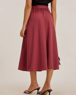 Red Belt Flared Midi Skirt