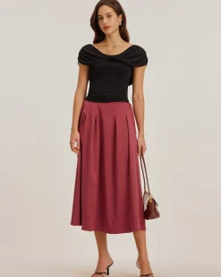 Red Belt Flared Midi Skirt
