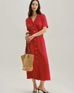 Red Belted A-Line Midi Dress
