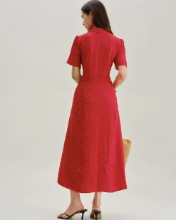 Red Belted A-Line Midi Dress