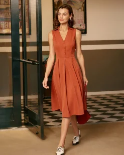 Red Button Sleeveless Midi Dress